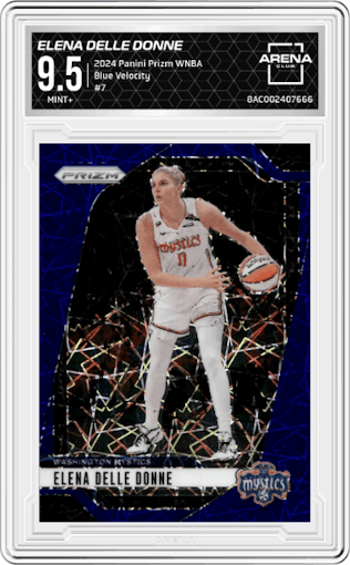 Elena Delle Donne from the 2024 Panini Prizm WNBA set featuring a Blue Velocity parallel graded by Arena Club and given an overall grade of 9.5.