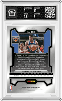 Patrick Ewing from the 2023-24 Panini Prizm set featuring a Blue Wave parallel graded by Arena Club and given an overall grade of 8.5.