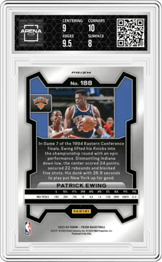 Patrick Ewing from the 2023-24 Panini Prizm set featuring a Blue Wave parallel graded by Arena Club and given an overall grade of 8.5.