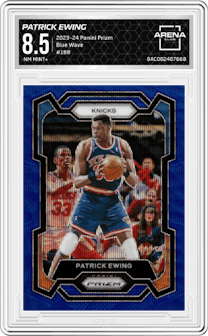 Patrick Ewing from the 2023-24 Panini Prizm set featuring a Blue Wave parallel graded by Arena Club and given an overall grade of 8.5.