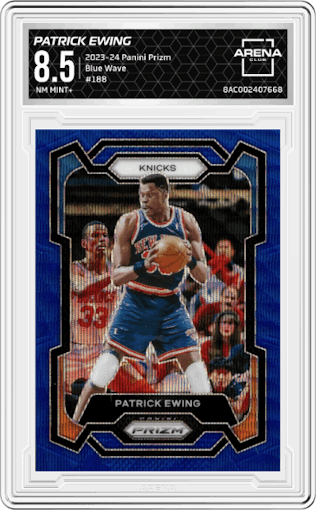 Patrick Ewing from the 2023-24 Panini Prizm set featuring a Blue Wave parallel graded by Arena Club and given an overall grade of 8.5.