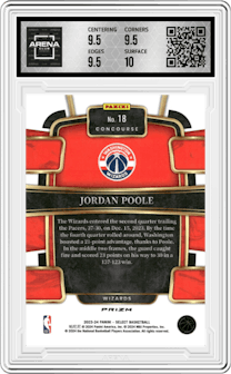 Jordan Poole from the 2023-24 Panini Select  set featuring a Green Ice parallel graded by Arena Club and given an overall grade of 10.