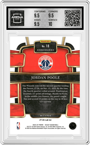 Jordan Poole from the 2023-24 Panini Select  set featuring a Green Ice parallel graded by Arena Club and given an overall grade of 10.