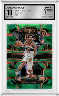 Jordan Poole from the 2023-24 Panini Select  set featuring a Green Ice parallel graded by Arena Club and given an overall grade of 10.