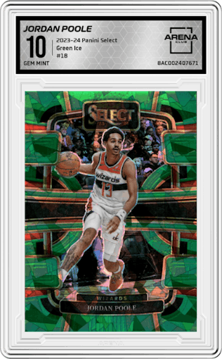 Jordan Poole from the 2023-24 Panini Select  set featuring a Green Ice parallel graded by Arena Club and given an overall grade of 10.