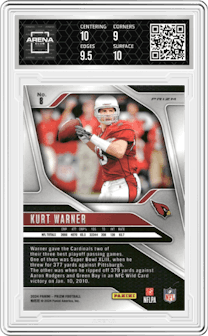 Kurt Warner from the 2024 Panini Prizm set featuring a Lazer Prizm parallel graded by Arena Club and given an overall grade of 9.5.