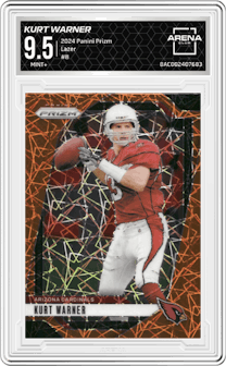 Kurt Warner from the 2024 Panini Prizm set featuring a Lazer Prizm parallel graded by Arena Club and given an overall grade of 9.5.