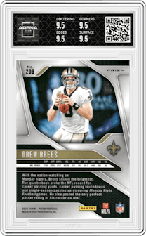 Drew Brees from the 2024 Panini Prizm set featuring a Green Prizm parallel graded by Arena Club and given an overall grade of 9.5.