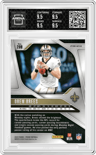 Drew Brees from the 2024 Panini Prizm set featuring a Green Prizm parallel graded by Arena Club and given an overall grade of 9.5.