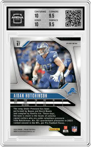Aidan Hutchinson from the 2024 Panini Prizm set featuring a Lazer Prizm parallel graded by Arena Club and given an overall grade of 10.