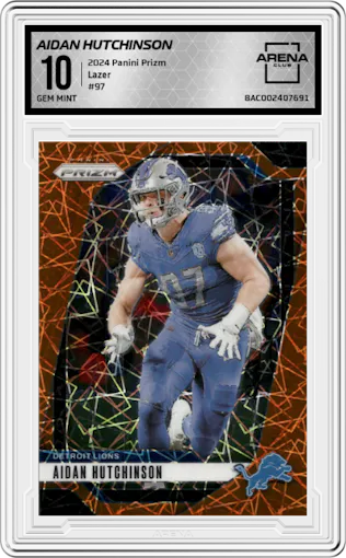 Aidan Hutchinson from the 2024 Panini Prizm set featuring a Lazer Prizm parallel graded by Arena Club and given an overall grade of 10.