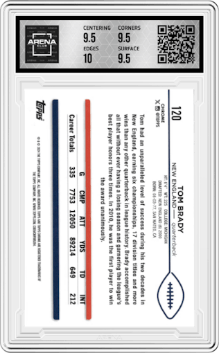 Tom Brady from the 2024 Topps Chrome set graded by Arena Club and given an overall grade of 10.