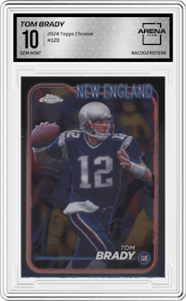 Tom Brady from the 2024 Topps Chrome set graded by Arena Club and given an overall grade of 10.
