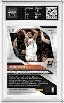 Devin Booker from the 2024-25 Panini Prizm set featuring a Pink Ice parallel graded by Arena Club and given an overall grade of 9.5.
