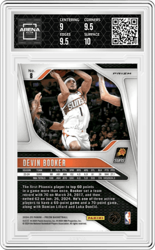 Devin Booker from the 2024-25 Panini Prizm set featuring a Pink Ice parallel graded by Arena Club and given an overall grade of 9.5.
