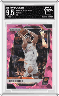 Devin Booker from the 2024-25 Panini Prizm set featuring a Pink Ice parallel graded by Arena Club and given an overall grade of 9.5.