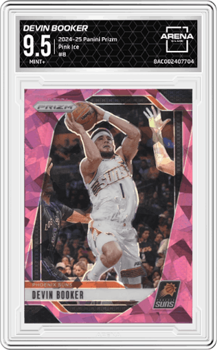 Devin Booker from the 2024-25 Panini Prizm set featuring a Pink Ice parallel graded by Arena Club and given an overall grade of 9.5.
