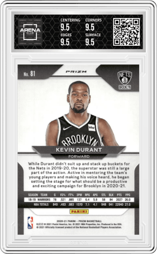 Kevin Durant from the 2020-21 Panini Prizm set featuring a Red/White/Blue Prizm parallel graded by Arena Club and given an overall grade of 9.5.