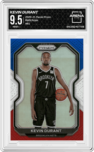 Kevin Durant from the 2020-21 Panini Prizm set featuring a Red/White/Blue Prizm parallel graded by Arena Club and given an overall grade of 9.5.