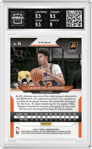 Cameron Johnson from the 2020-21 Panini Prizm set featuring a Red Prizm parallel graded by Arena Club and given an overall grade of 9.5.