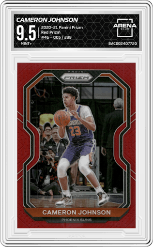 Cameron Johnson from the 2020-21 Panini Prizm set featuring a Red Prizm parallel graded by Arena Club and given an overall grade of 9.5.