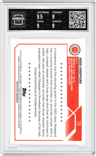Reed Sheppard from the 2023 Topps Chrome McDonald's All American set graded by Arena Club and given an overall grade of 9.