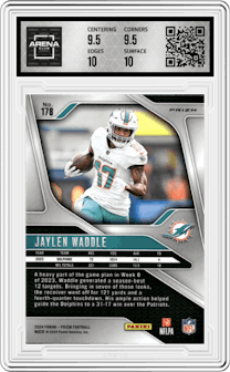 Jaylen Waddle from the 2024 Panini Prizm set featuring a Silver Prizm parallel graded by Arena Club and given an overall grade of 10.