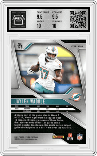 Jaylen Waddle from the 2024 Panini Prizm set featuring a Silver Prizm parallel graded by Arena Club and given an overall grade of 10.