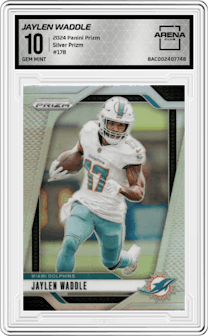 Jaylen Waddle from the 2024 Panini Prizm set featuring a Silver Prizm parallel graded by Arena Club and given an overall grade of 10.