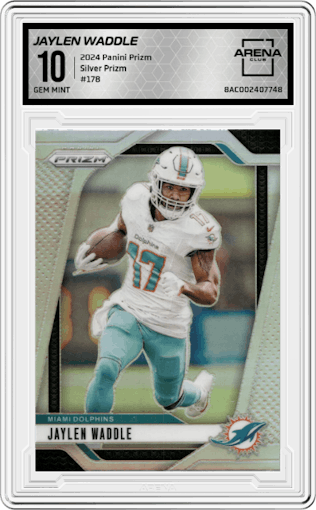Jaylen Waddle from the 2024 Panini Prizm set featuring a Silver Prizm parallel graded by Arena Club and given an overall grade of 10.