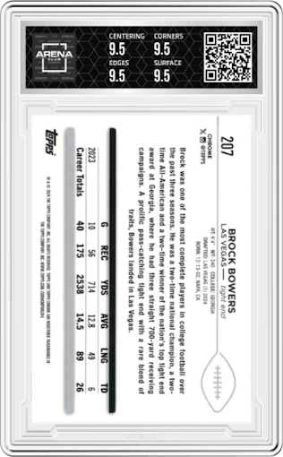 Brock Bowers from the 2024 Topps Chrome set graded by Arena Club and given an overall grade of 9.5.
