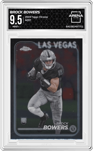 Brock Bowers from the 2024 Topps Chrome set graded by Arena Club and given an overall grade of 9.5.