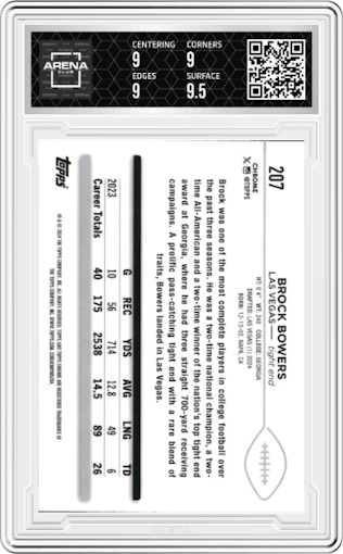 Brock Bowers from the 2024 Topps Chrome set graded by Arena Club and given an overall grade of 9.