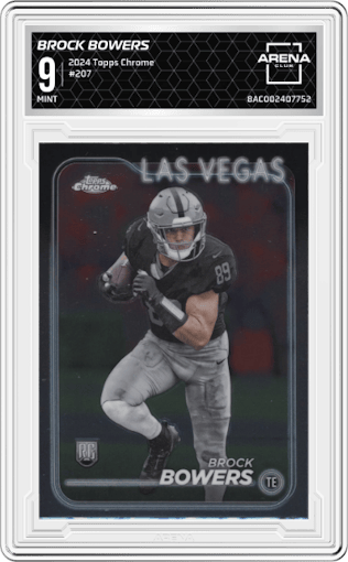 Brock Bowers from the 2024 Topps Chrome set graded by Arena Club and given an overall grade of 9.