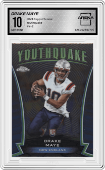 Drake Maye from the 2024 Topps Chrome set graded by Arena Club and given an overall grade of 10.