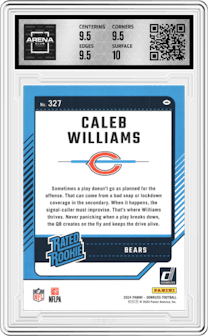 Caleb Williams from the 2024 Donruss set graded by Arena Club and given an overall grade of 10.