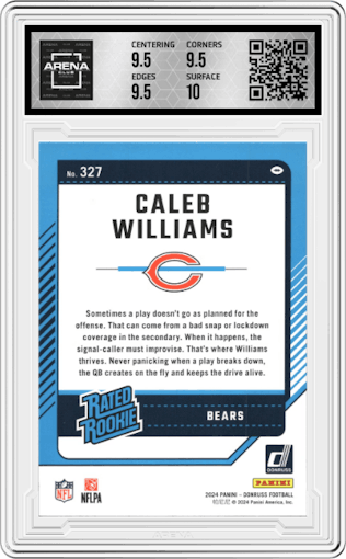 Caleb Williams from the 2024 Donruss set graded by Arena Club and given an overall grade of 10.