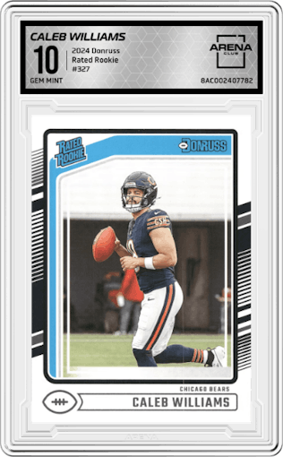 Caleb Williams from the 2024 Donruss set graded by Arena Club and given an overall grade of 10.