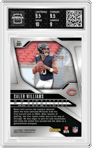 Caleb Williams from the 2024 Panini Prizm set graded by Arena Club and given an overall grade of 9.5.