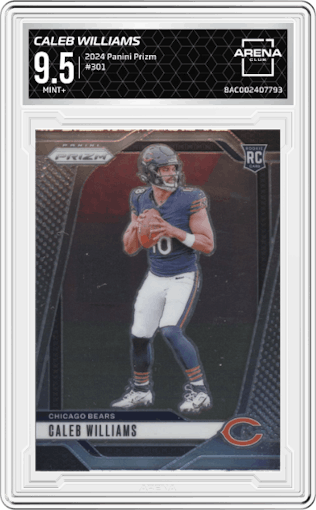 Caleb Williams from the 2024 Panini Prizm set graded by Arena Club and given an overall grade of 9.5.