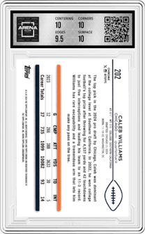 Caleb Williams from the 2024 Topps Chrome set graded by Arena Club and given an overall grade of 10.