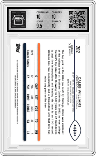 Caleb Williams from the 2024 Topps Chrome set graded by Arena Club and given an overall grade of 10.