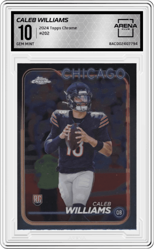 Caleb Williams from the 2024 Topps Chrome set graded by Arena Club and given an overall grade of 10.