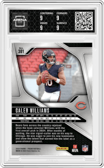 Caleb Williams from the 2024 Panini Prizm set graded by Arena Club and given an overall grade of 9.