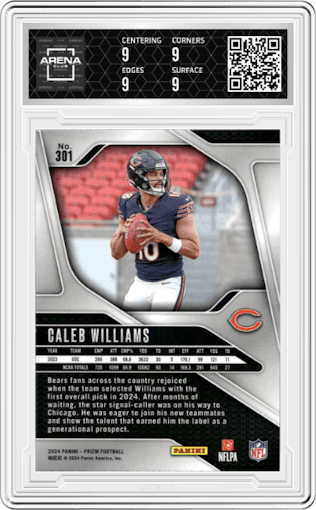Caleb Williams from the 2024 Panini Prizm set graded by Arena Club and given an overall grade of 9.