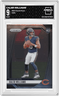 Caleb Williams from the 2024 Panini Prizm set graded by Arena Club and given an overall grade of 9.