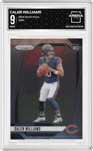 Caleb Williams from the 2024 Panini Prizm set graded by Arena Club and given an overall grade of 9.