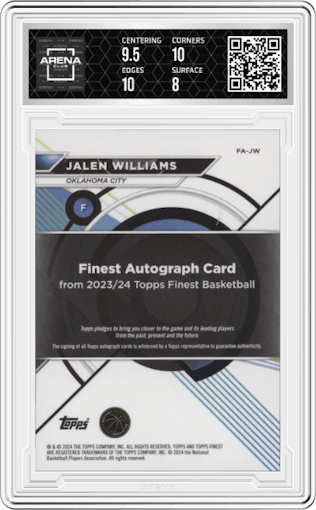 Jalen Williams from the 2023-24 Finest set featuring a Gold parallel graded by Arena Club and given an overall grade of 8.5.