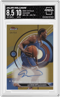 Jalen Williams from the 2023-24 Finest set featuring a Gold parallel graded by Arena Club and given an overall grade of 8.5.