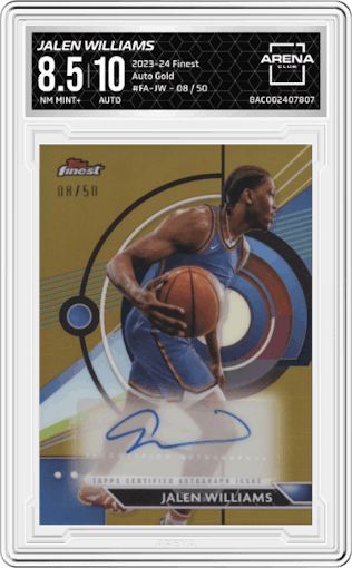 Jalen Williams from the 2023-24 Finest set featuring a Gold parallel graded by Arena Club and given an overall grade of 8.5.
